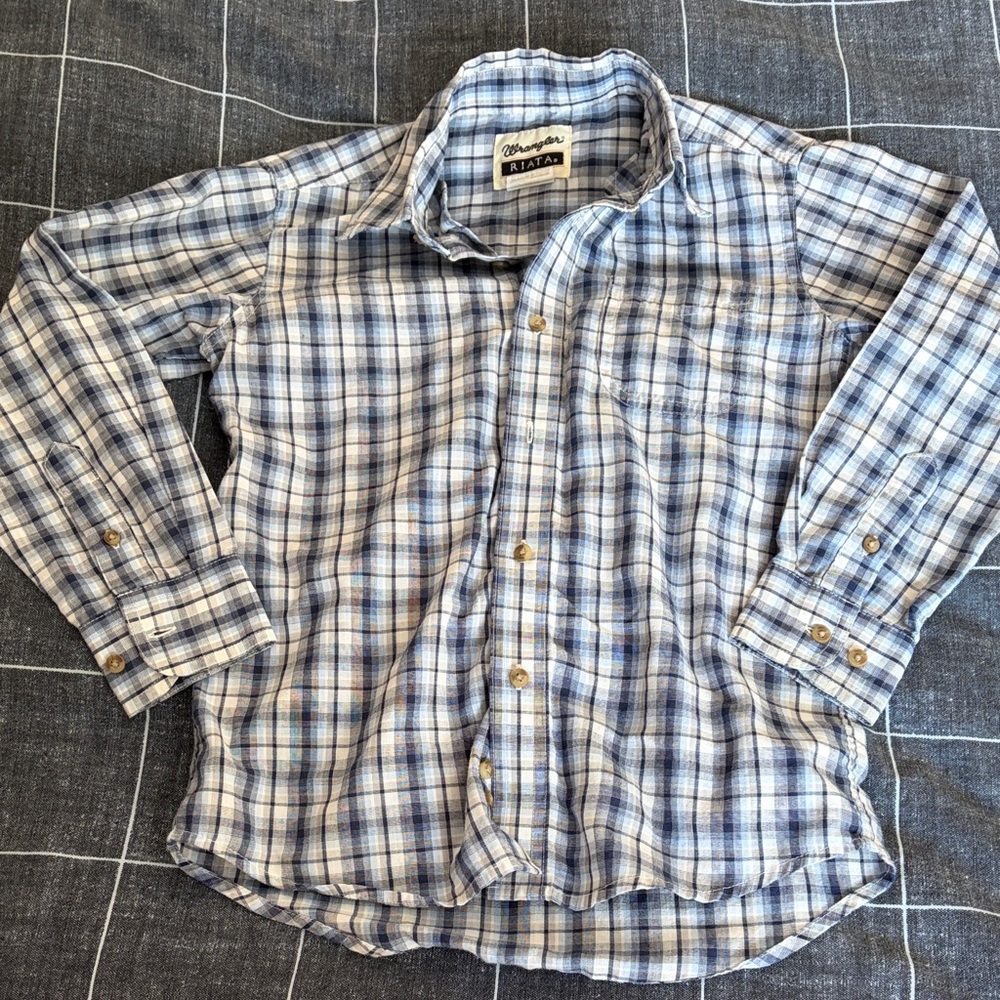 Boys Wrangler Riata Blue and White Plaid Button-Down Shirt